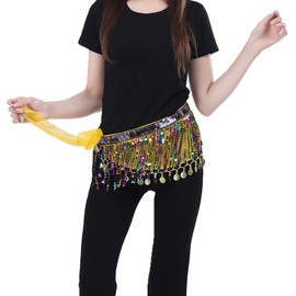 Belly Dance Hip Scarf Sequins Artificial Coins Dance Skirt Wrap Chiffon Dangling Belly Dance Waist Costume Belt for Women Girls(Yellow)