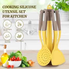Cooking Utensils Set for Kitchen,7PCS Silicone Utensil Set with Rotating Storage Stand, Non Stick Utensil Tool and Gadget Set with Ergonomic Handles, Heat Resistant Kitchen Essentials (Yellow)