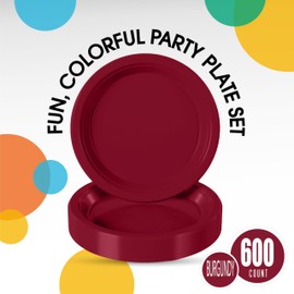 Exquisite Party Solids Burgundy Plastic Plates Bulk 7" Burgundy Disposable Plates For Party Supplies 600 Pcs Disposable Dinner Plate Heavy Duty 350 GSM Plate Sets, Plastic Dinnerware Sets