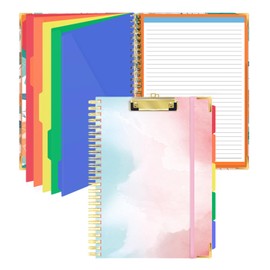Clipboard Folio with Refillable Lined Notepad, FHDUSRYO 24x32.5cm Clipboard Folder with 5 Dividers 10 Pockets, Spiral Clipboards Folio with Storage, A4 Portfolio Binder for Office Nursing (Pink)