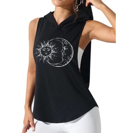 Remidoo Women's Sleeveless Hoodie Open Side Hooded Workout Tank Top Activewear Shirt Sun Moon Black Small