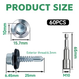 6.3x25 mm Self-Drilling Roofing Screws, 60 pcs Hex Head Self Tapping Screws, Hex Head Self-Drilling Roof Screws with Rubber Sealing Washer. with Hex Socket, Zinc Plat.