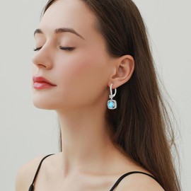 Oskani Square Shaped Dangle Drop Earrings for Women, 925 Sterling Silver 5A Cubic Zirconia Leveback March Ruond Birthstone Aquamarine Color Earrings for Hypoallergenic Jewelry Gifts for Her