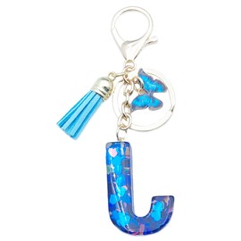 Xsclpomddy A-Z Initials Letter Keychain Blue with Tassel Butterfly Pendant for Wallet Backpack Handbags Women Girls,Letter J