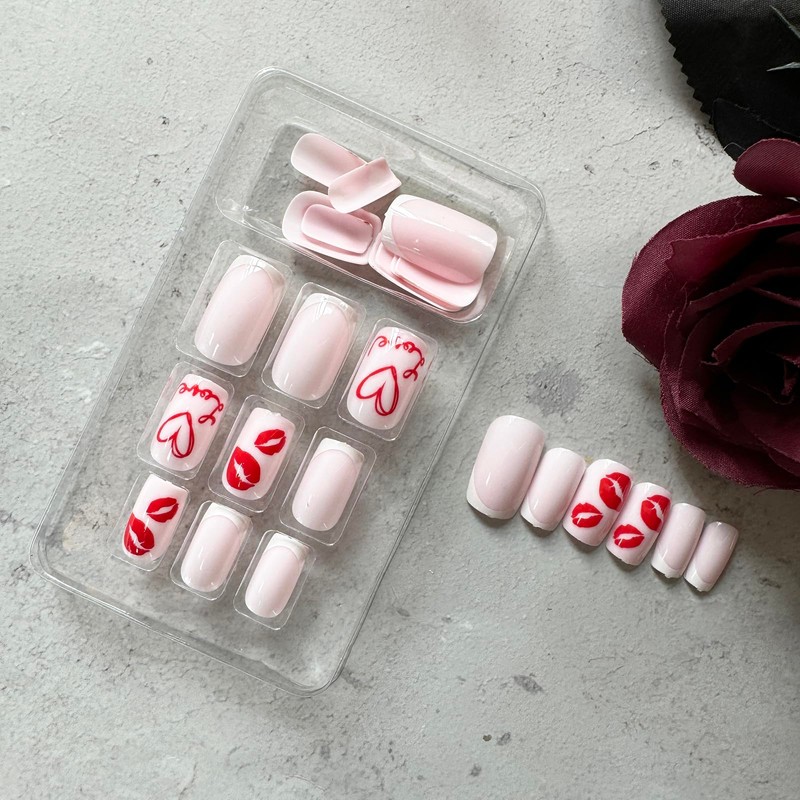 Valentines Day Press on Nails French Tip Fake Nails Medium