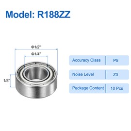 sourcing map 10pcs R188ZZ Deep Groove Ball Bearings 1/4" ID x 1/2" OD x 1/8" Height P5 Miniature Bearings Double Metal Shielded Chrome Steel Z3 Bearing for Engineering Machinery, Silver Tone