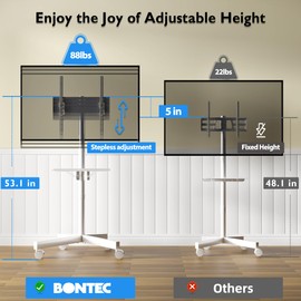 BONTEC Mobile TV Stand for 23-60 Inch TVs, Rolling TV Stand with Locking Wheels, Adjustable Height, Media Shelf, Max VESA 400x400mm, Holds Up to 88lbs