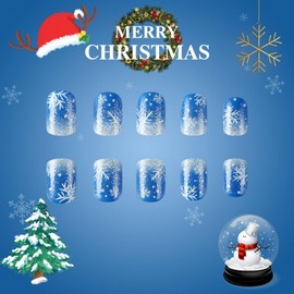 Christmas Press on Nails Short Square Fake Nails Xmas Glitter Gradient False Nails with Snowflake Designs Full Cover Stick on Nails Winter White French Tip Acrylic Nails for Women Nail Art DIY 24 Pcs