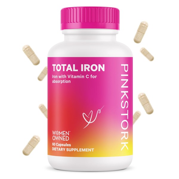 Pink Stork Total Iron: Iron Supplement for Women with Iron Bisglycinate, & Vitamin C to Ease Fatigue and Aid Concentration, Focus & Energy Support, Women-Owned, 60 Capsules