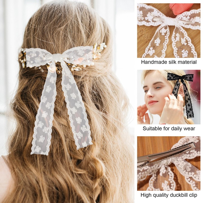 4Pcs Lace Bows for Women,Elegant Lace Hair Bow with Ribbons,