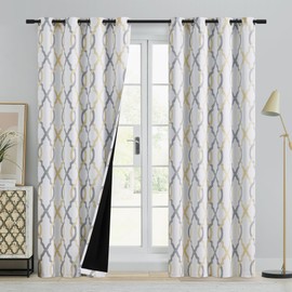 ugoutry 100% Blackout Curtains 96 Inches Long for Bedroom, Yellow Grey on White Moroccan Geometric Patterned Window Curtain for Living Room, Farmhouse Thermal Insulated Drapes Grommet Top 2 Panels