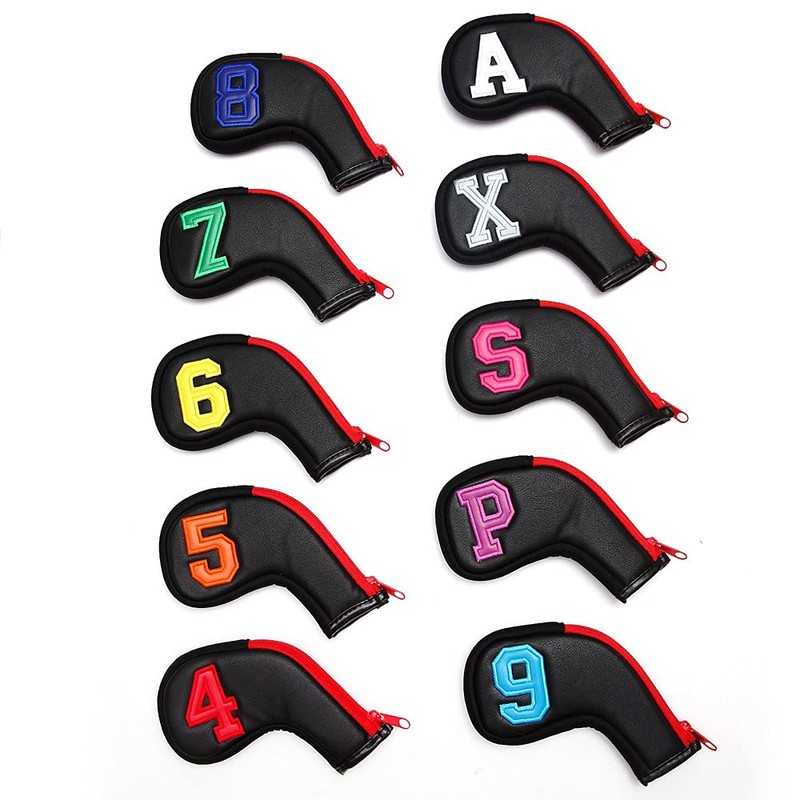 Colorful Number Black PU Golf Club Irons HeadCover Zipper 10pcs