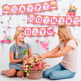 Mother's Day Birthday Decoration Set, 9 Pieces, Mother's Day Birthday Banner, Heart Garland & Hanging Spiral etc. Mother's Day Party Supplies