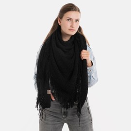 KNIT FACTORY - Triangular Scarf Amber - Women's Knitted Scarf with Wool - Wrap Scarf for Autumn and Winter - Winter Scarf - Triangle Scarf - High Quality - XXL Scarf - 190 x 85 cm, black