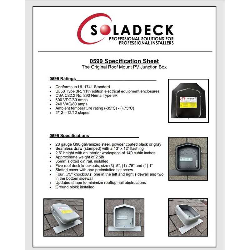 Generic SolaDeck 0599B UL50 Type 3R Roof Mount PV Junction