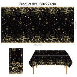 DPKOW 3 Pieces Happy New Year Table Cloth Plastic Disposable Black and Gold Table Cloth New Years Eve Table Cloth for New Year Table Decorations New Years Eve Decorations 2025, 274 x 130 CM