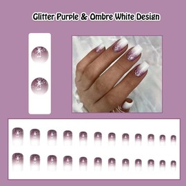 ANDGING Ombre Square Press on Nails Purple White Short Medium Glue on Nails for Women Fake Nails with Bling Glitter Designs Fantasy Stick on Nails Gel Manicure Acrylic False Nails for Wedding