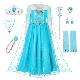 Pollen Elsa Princess Costume for Girls, Princess Dress Elsa Costume Children's Dress, 8-Piece Set Fancy Dress with Crown Wand Tiara Gloves for Christmas Wedding Cosplay Carnival Birthday Party, 110