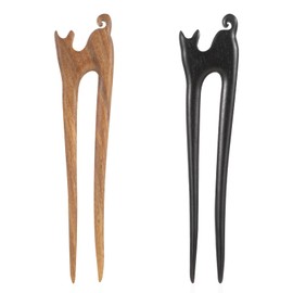 2Pcs U Shape Wooden Hair Sticks Handmade Carved Wood French Hair Forks with Cute Cat Design 2-Prong Vintage Wood Hair Pins for Women Girls Chignon Bun Updo Hairstyle Accessories