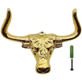 5MOONSUN5's Longhorn Steer Wall Hook 5" Bull Head DecorativeWestern Decor Heavy Duty Vintage Metal Wall Hook, Rustic Decor Antique Hanging Hook for Coat, Key Bag Towel Includes Screws Brass Polished