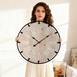 Farmhouse 24 Inch Wood Roman Large Wall Clock with Metal Circle
