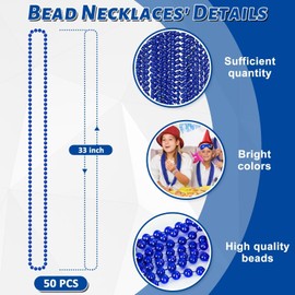 50PCS Christmas Bead Necklace, Blue Bead Necklaces Stuff, 33" Mardi Gras Beads Necklace Costume, Festival Parade Throw Accessories for Wedding Birthday Party Events Supplies Decorations