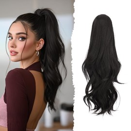 Sofeiyan Claw Clip Ponytail Extension 16 inch Curly Wavy Clip in Hairpiece Synthetic Fake Pony Tail Clip on Hair Extensions for Women Natural Looking Fluffy Hair Extensions for Daily Use - Black Brown