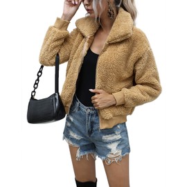 AKEWEI Women's Casual Lapel Fleece Shearling Jacket Cropped Teddy Bear Jacket Zipper Faux Fur Coat