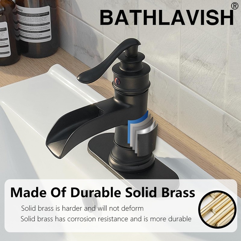 BATHLAVISH Matte Black Waterfall Bathroom Faucet, Single Handle Bathroom Sink