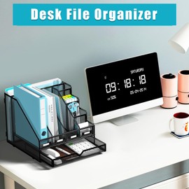 Desk File Organizer, 4 Vertical Compartments Rack + 4 Pen Holders + Drawer File Organizer, Metal Desk Magazine Folder Holder for Office, Home, School, Black