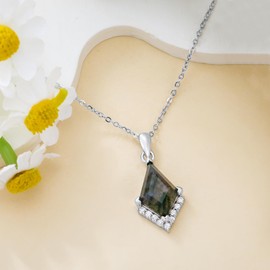 BHUBREA Moss Agate Necklace for Women 925 Sterling Silver Kite Cut Green Moss Agate Pendant Necklace with Cubic Zirconia, Jewelry Gift for Women Her