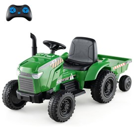 Costzon Ride on Tractor with Trailer, 12V Battery Powered Electric Vehicles with Remote Control, Music & Lights, Kids Tractor Ride on Toy with Shockproof EVA Wheels, Gift (EVA Tires, Dark Green)