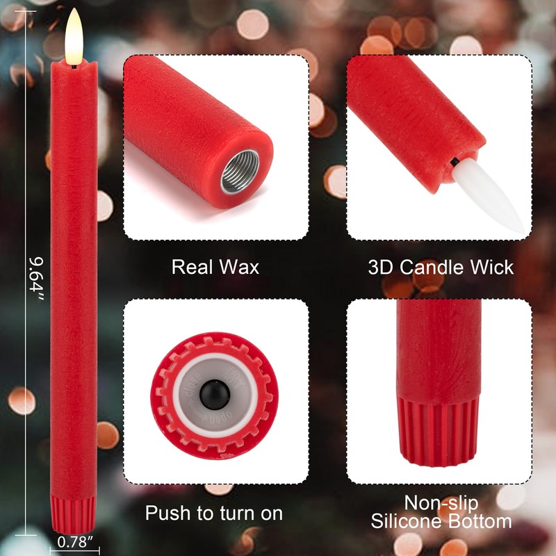 AFINETH Red Flameless Taper Candles with Rmote, 9.6" Real Wax