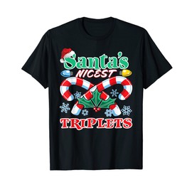 Santa's Nicest Triplets Kids Cute Fun Matching Christmas PJ T-Shirt, black