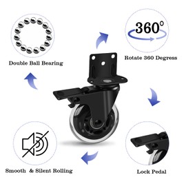 Hirate 3 inch Furniture Casters 360 Degree Brake Caster Wheels,Heavy Duty Swivel Casters with L-Shaped Mounting Plate, Suitable for Kitchen Cabinet (2 with Brakes & 2 without)