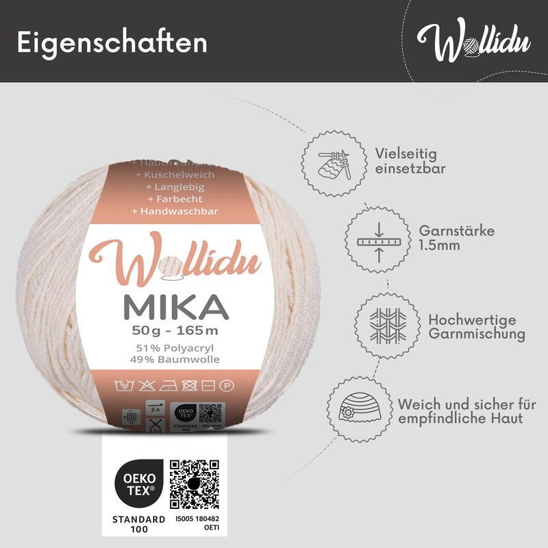 Wollidu Mika Knitting and Crochet Yarn, 51% Polyacrylic, 49% Cotton,