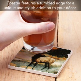 Absorbent Stone Tumbled Tile Coasters, Elk in The Mist, Set of 4