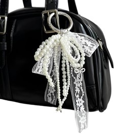 88flix Keychain, Cute, Sukuba, Korean Charm, Y2K Pearl, Ribbon, Women's, Heart, Gift, Silver, Free size