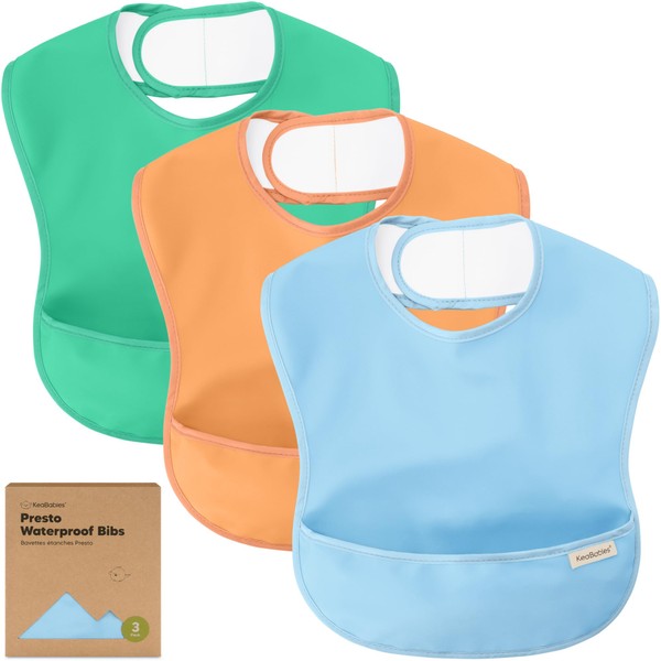 3-Pack Waterproof Baby Bibs for Eating - Lightweight Baby Bib with Food Catcher, Mess Proof Toddler Bibs, Waterproof Bibs for Baby Boys, Baby Girls, Feeding Bibs, Drool Bibs, Baby Food Bibs (Basics)