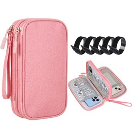 Organizador Portátil para Electrónicos,Bolsa para Accesorios Electrónicos Impermeablede con Doble Capa,estuche para cables viaje para Cables USB,Audífonos,Móviles,Cargadores,Tarjeta SD/TF（Rosa）