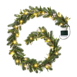 Flopttsun 6FT Pre-lit Christmas Pine Garland with Olive Berry,Battery Operated Garlands Xmas with Timer,Faux Greenery Vine for Home Mantle Fireplace Stair Decor