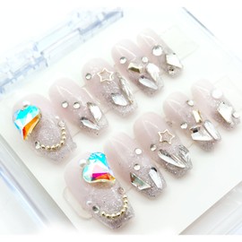 lashidol Nail Tip, Long Nail Tip, Oval Pink, Adult Ceremony, Set of 10, Handmade False False Nails, Nail Tip, Nails with Diamond, Just Stick It Natural Fit, Medium, Cute, Cute (Light Pink 01, M)