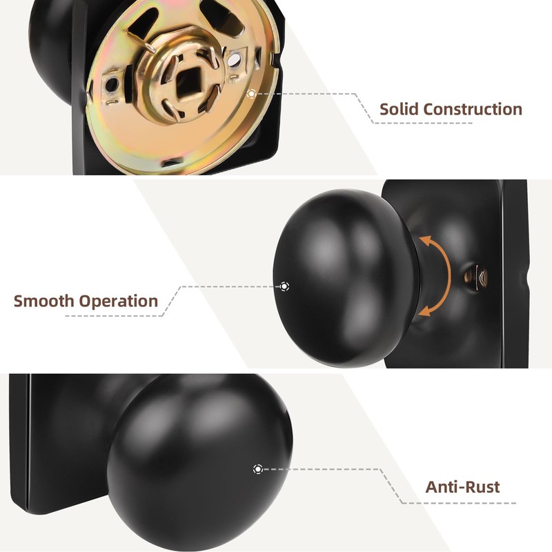 GOBEKOR Black Door Knobs Keyless Interior Door Knobs Matte Black
