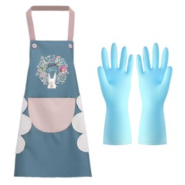 VEHYEGOI 1 Piece Cartoon Print Apron With 1 Pair Of Gloves, Large Pocket Apron, Baking Apron, Waterproof Apron, Gardening Apron, Unisex Apron (Blue)