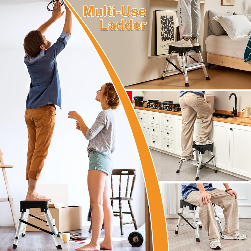 Mesjaedr Two Step Ladder, Folding Aluminum Step Stool with Wide