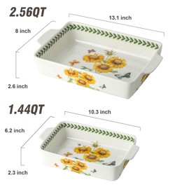 Howise Ceramic Sunflower Baking Casserole Dish with Handles,Large 2 pieces 8x13 inch & 6x10 inch Lasagna Baking Dish and Middle Flower Andplant Baking Pan - Porcelain Serving Bakeware Set