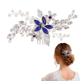 Ling & Bai Wedding Pearl Hair Combs Sapphire Crystal Comb Bridal Blue Flower Headpiece with Silver Leaf Hair Accessories for Women Girls