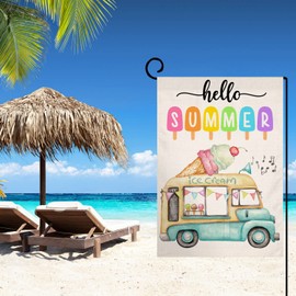JIMOWANG Summer Ice Cream Garden Flag 12" x 18" Vertical Double Sided Hello Summer Truck Beach Outside Decor Burlap Yard Flag
