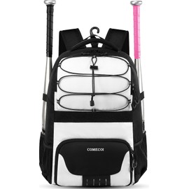 COMECOI Softball Bag, Lightweight Baseball Backpack with Shoes Compartment, Baseball Bat Bags with Fence Hook for TBall Bat & Equipment, for Batting Mitten, Helmet, for Girls, Boys, Youth, Adults