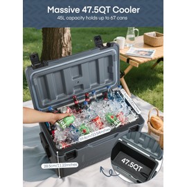 47.5 QT Cooler Fits 76 Can, Heavy Duty Dual Latch, Portable Hard Cooler, Ice Chest with Swing-up Side Handles, Molded Ruler＆Cup Holders, Keeps Cool for 3+ Days for Camping Fishing Road Trips Beach